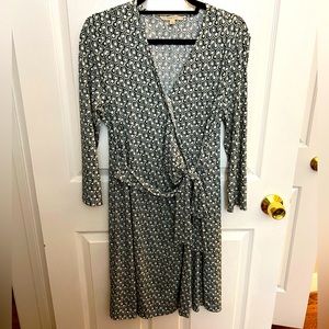 Wrap Dress in Green, White, and Black Rough Geometric Pattern with 3/4 Sleeves